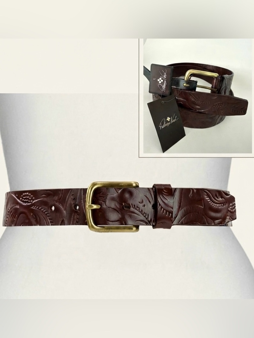 Patricia Nash Pelosa Tooled Belt Brown Embossed Leather with Brass Buckle